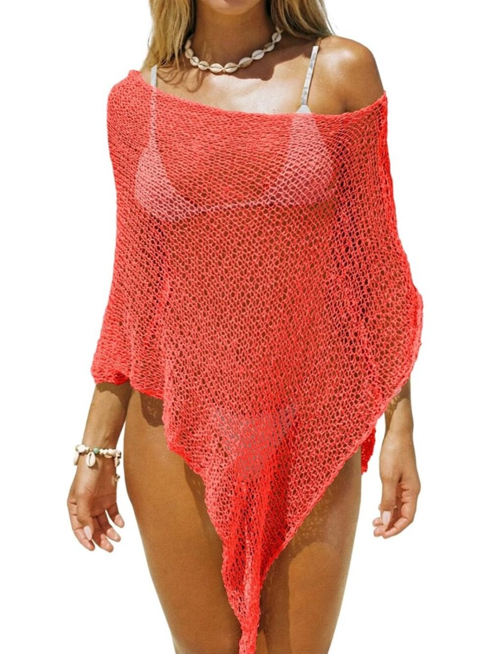 Women's Orange Red Sheer Crochet Mesh Beach Cover Up Batwing Boho Swimwear Top
